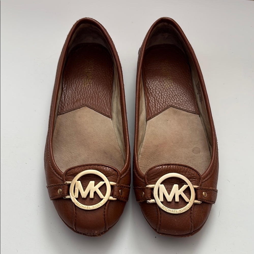 Michael Kors Brown Leather Flats with Gold Logo